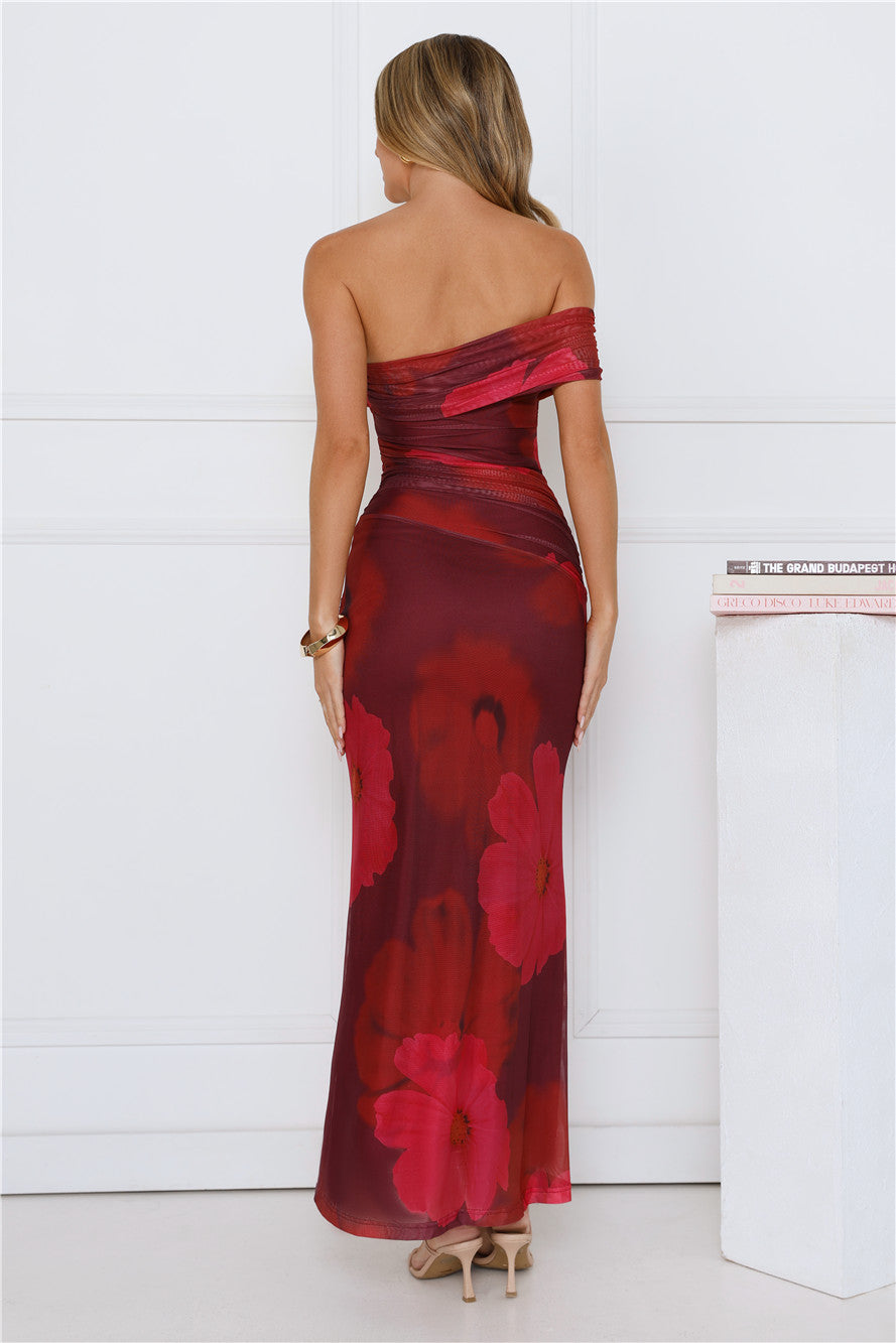 Mischief Glow Off Shoulder Mesh Maxi Dress Purple