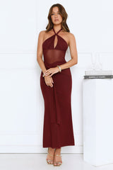 Luxe Darling Halter Mesh Maxi Dress Burgundy