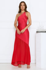 Rosé Nights One Shoulder Satin Maxi Dress Red