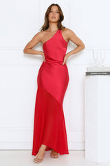 Rosé Nights One Shoulder Satin Maxi Dress Red