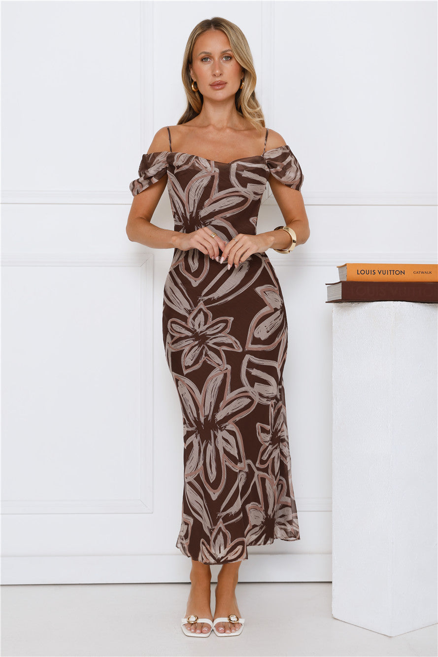 Vibe High Off Shoulder Maxi Dress Brown