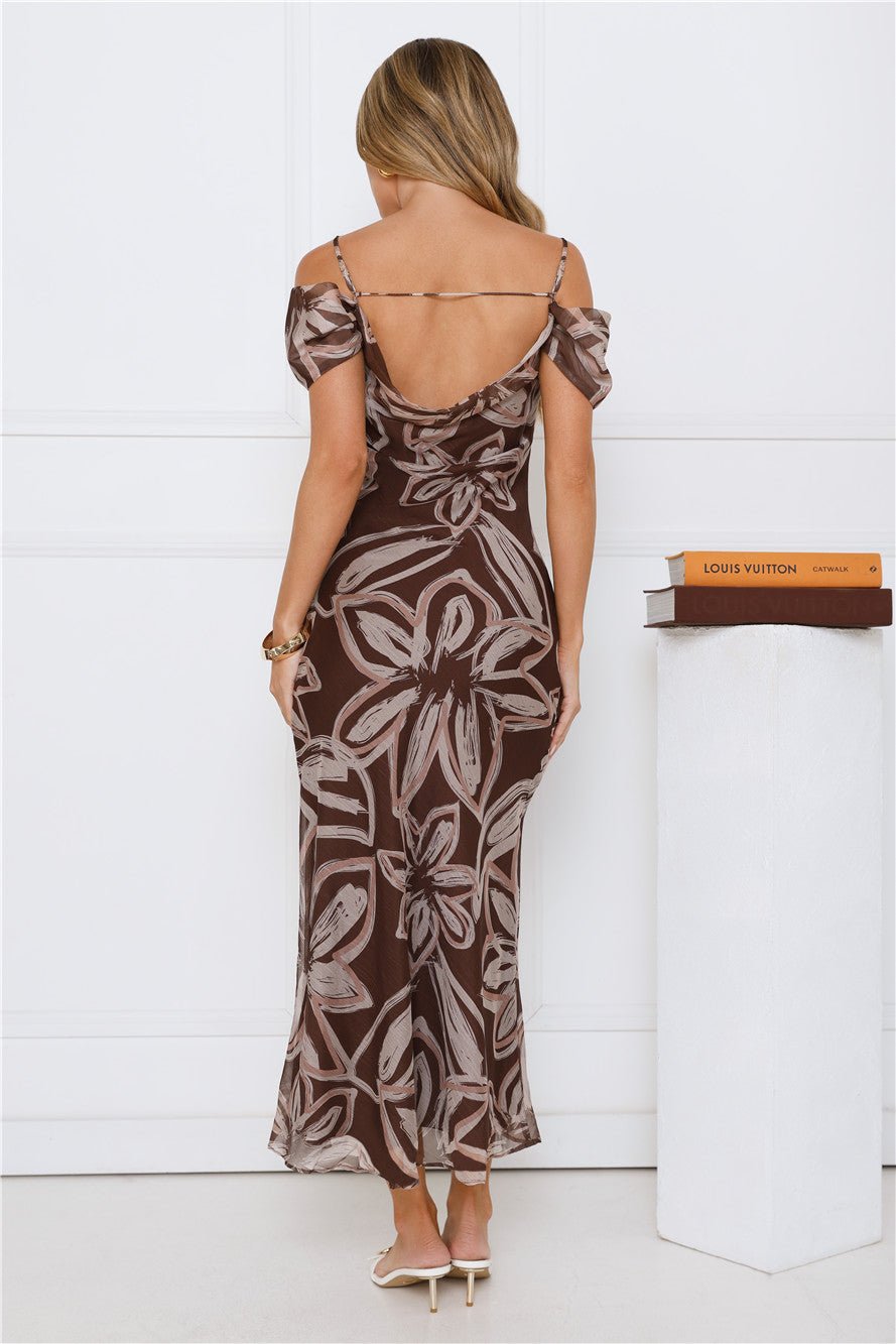 Vibe High Off Shoulder Maxi Dress Brown
