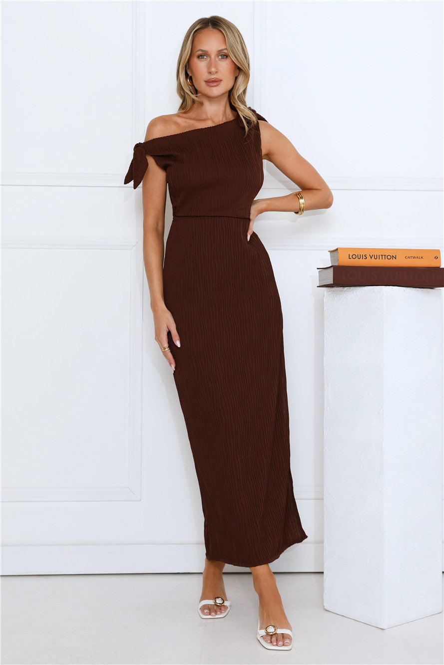 Polished Energy Off Shoulder Maxi Dress Brown