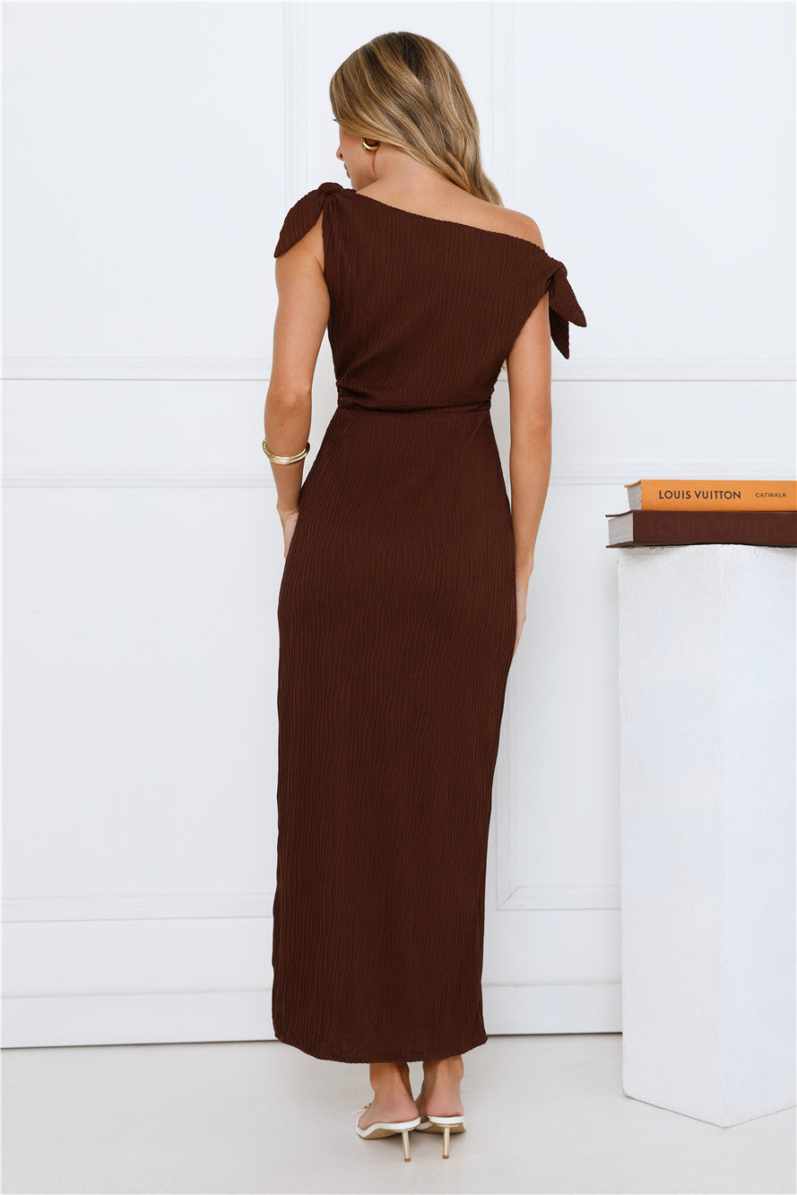 Polished Energy Off Shoulder Maxi Dress Brown