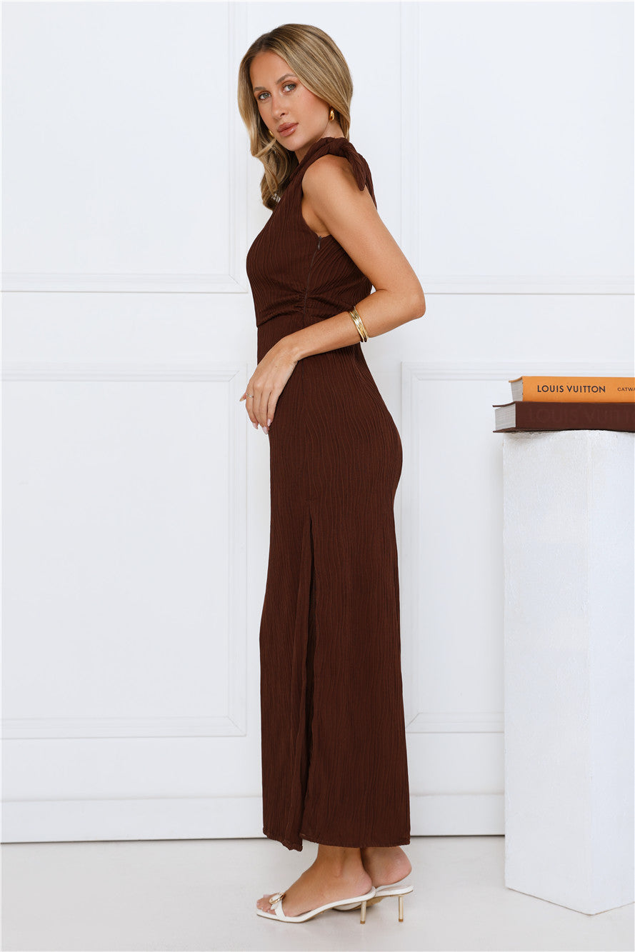 Polished Energy Off Shoulder Maxi Dress Brown
