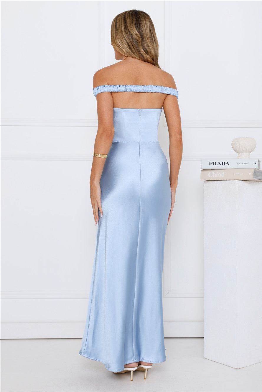 Formal Hourglass Off Shoulder Satin Maxi Dress Blue