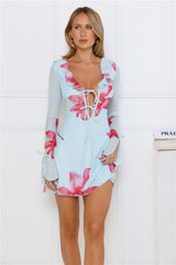 Ocean Flower Long Sleeve Mesh Mini Dress Blue