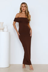 Soft Whispers Off Shoulder Maxi Dress Brown