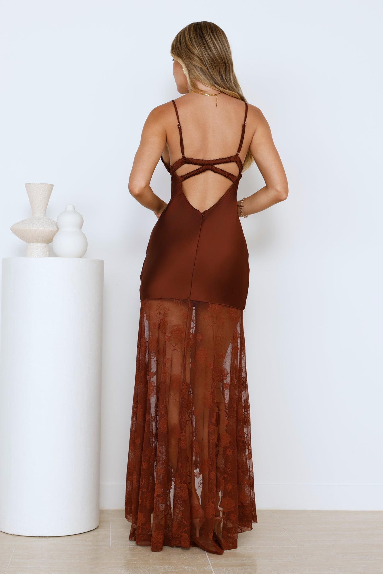 Pose For Me Lace Satin Maxi Dress Brown