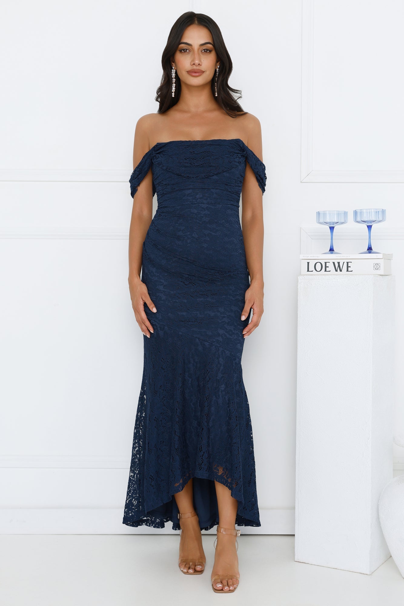 One To Want Off Shoulder Lace Maxi Dress Navy