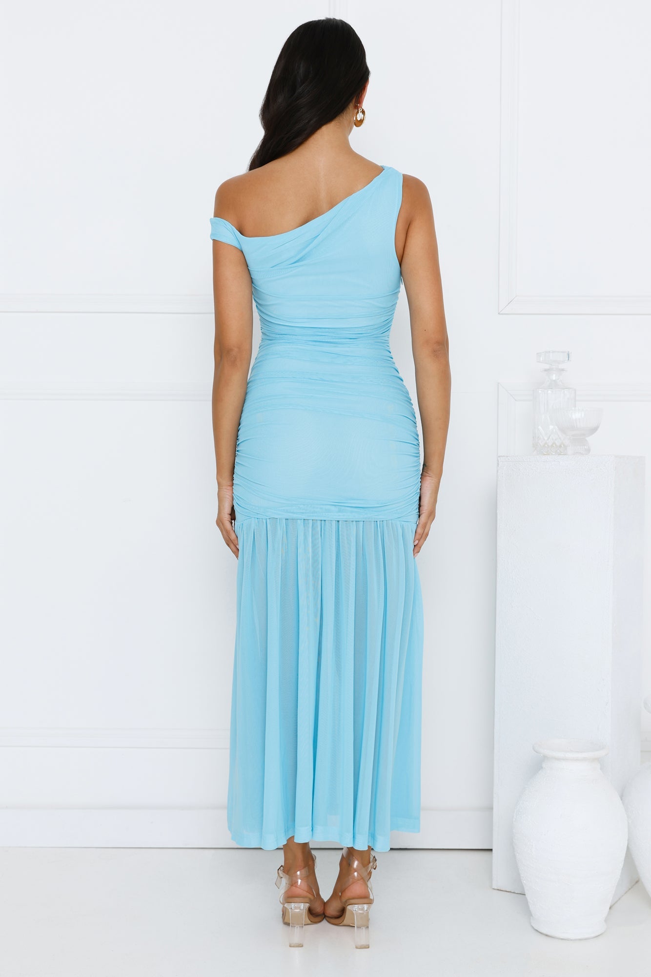 Stylish Diva Mesh Off Shoulder Midi Dress Blue