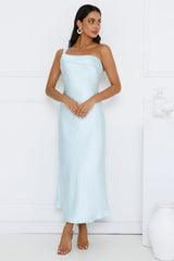 Romantic Tales Satin One Shoulder Maxi Dress Blue