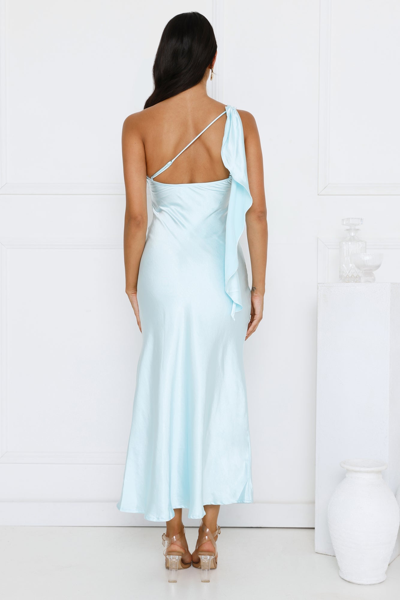 Romantic Tales Satin One Shoulder Maxi Dress Blue