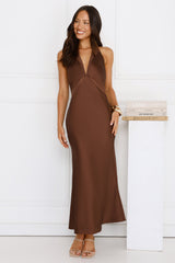 Nocturnal Bloom Satin Halter Maxi Dress Brown