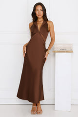 Nocturnal Bloom Satin Halter Maxi Dress Brown