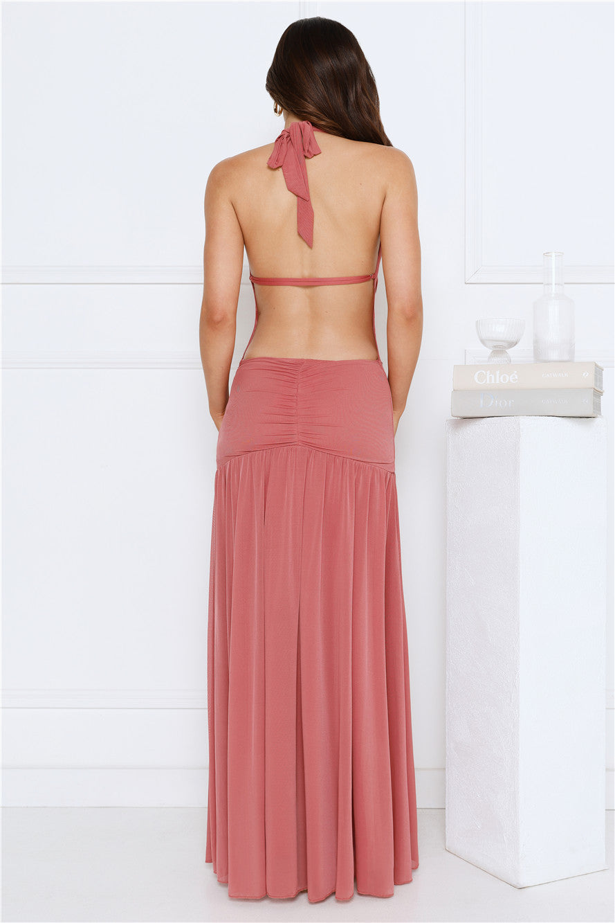 Confetti Nights Halter Mesh Maxi Dress Rose