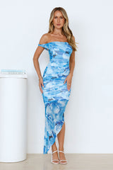 Style On Point Off Shoulder Mesh Maxi Dress Blue