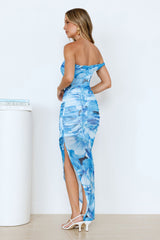 Style On Point Off Shoulder Mesh Maxi Dress Blue