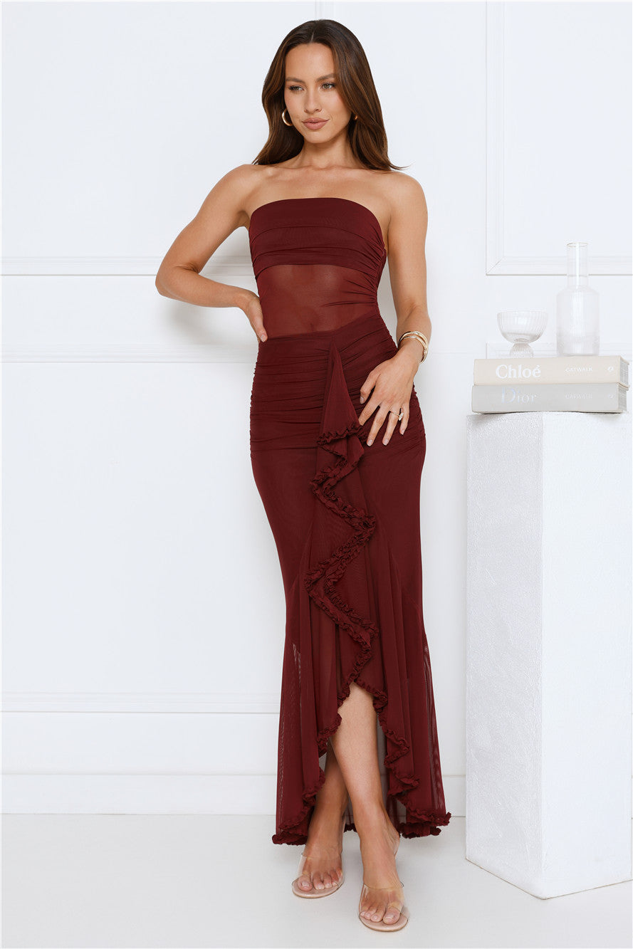 Spark Soirée Strapless Mesh Maxi Dress Burgundy