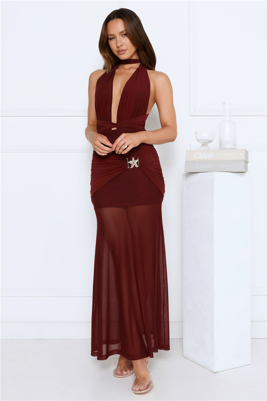 High Key Muse Mesh Maxi Dress Burgundy