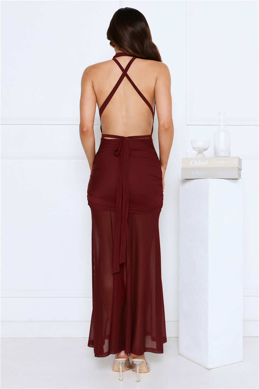 High Key Muse Mesh Maxi Dress Burgundy