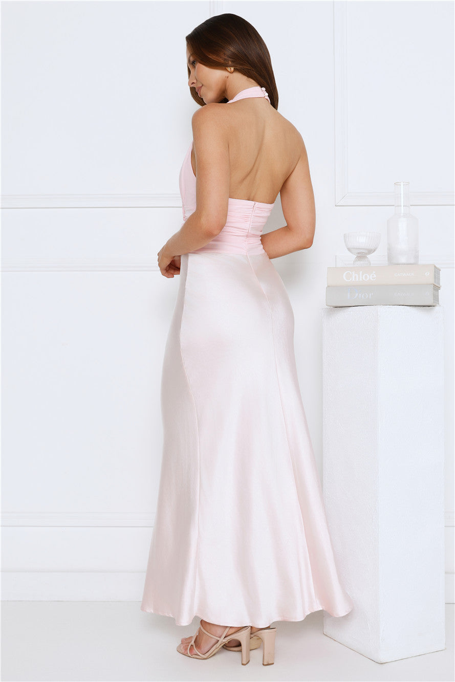 Petal Lane Mesh Satin Halter Maxi Dress Pink