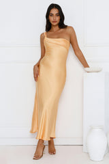 Romantic Tales Satin One Shoulder Maxi Dress Orange
