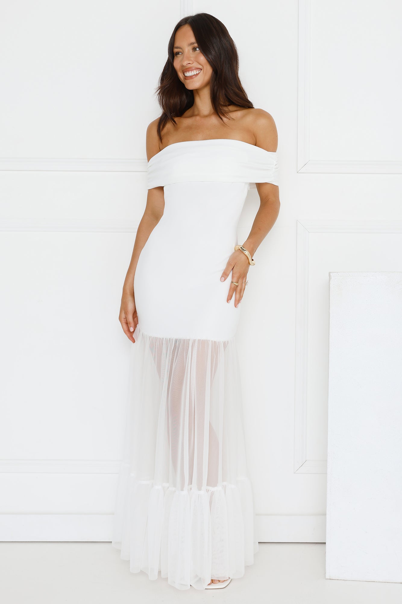 Moonbeam Reverie Off Shoulder Maxi Dress White