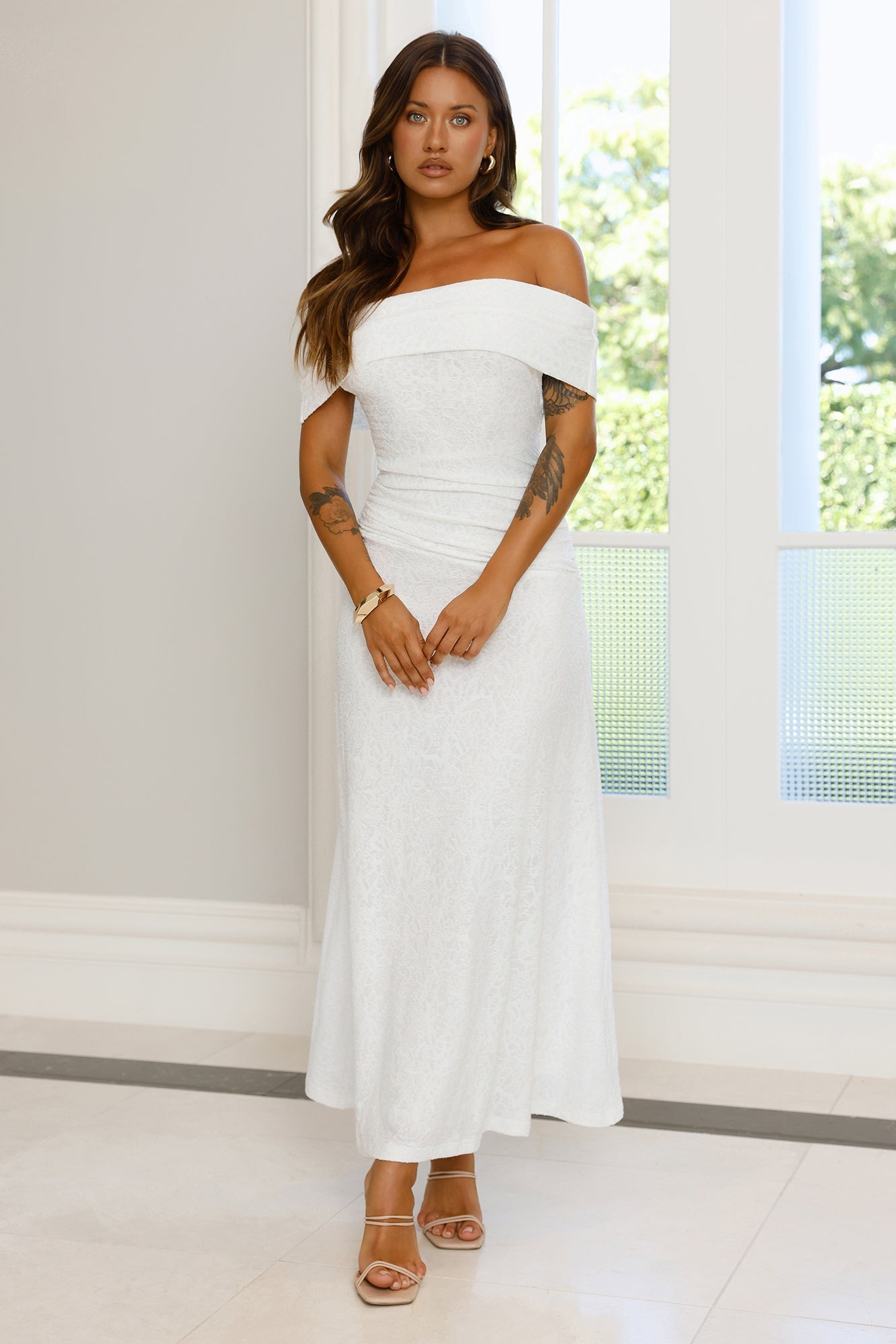 First Class Finish Off Shoulder Maxi Dress Cream