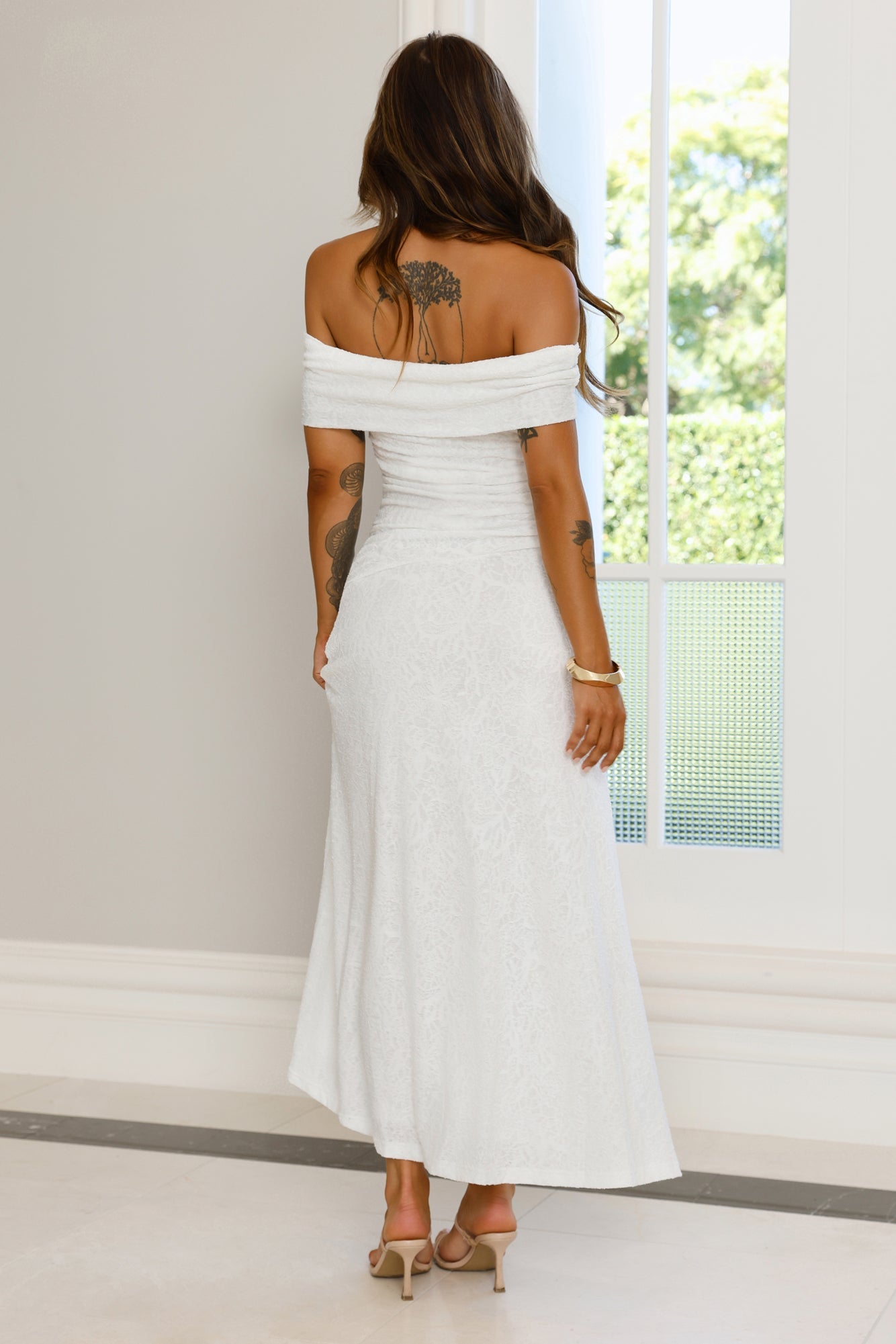 First Class Finish Off Shoulder Maxi Dress Cream