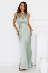 Spiced Sunset Satin Halter Maxi Dress Sage
