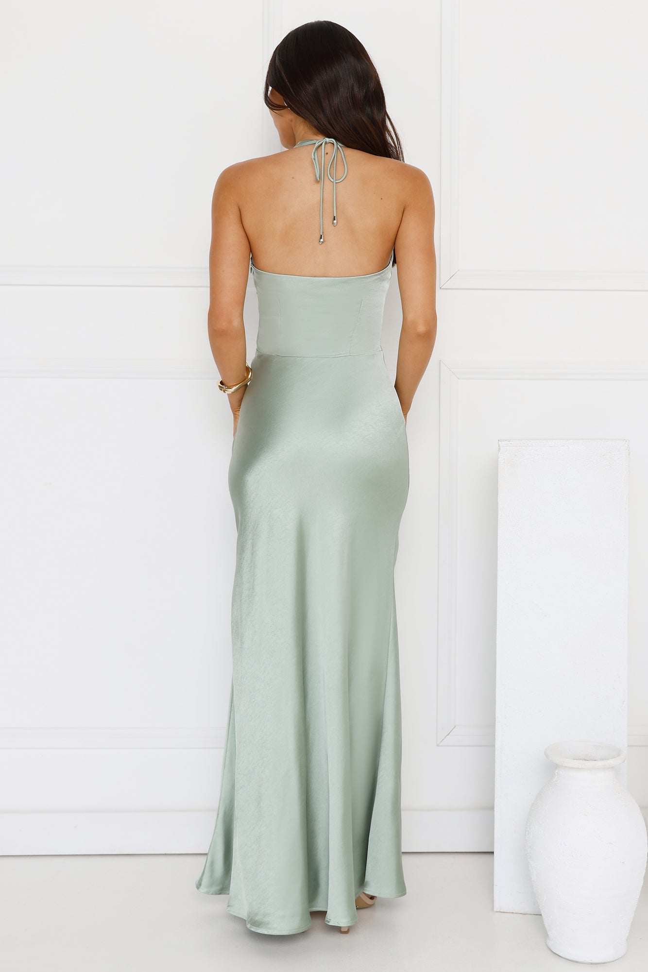 Spiced Sunset Satin Halter Maxi Dress Sage
