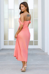 Sunrise Bloom Off Shoulder Mesh Maxi Dress Coral