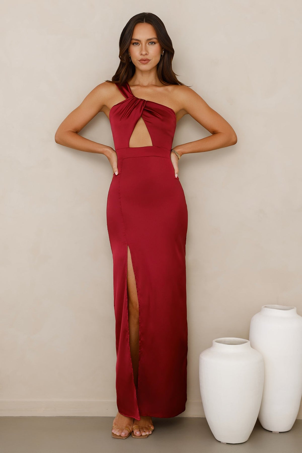 Strong Desire Satin One Shoulder Maxi Dress Burgundy