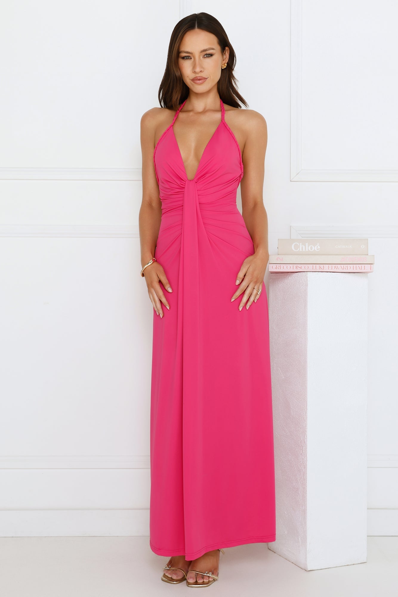 Neon Noir Halter Maxi Dress Pink