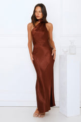 She’s Got Plans Satin Maxi Dress Brown