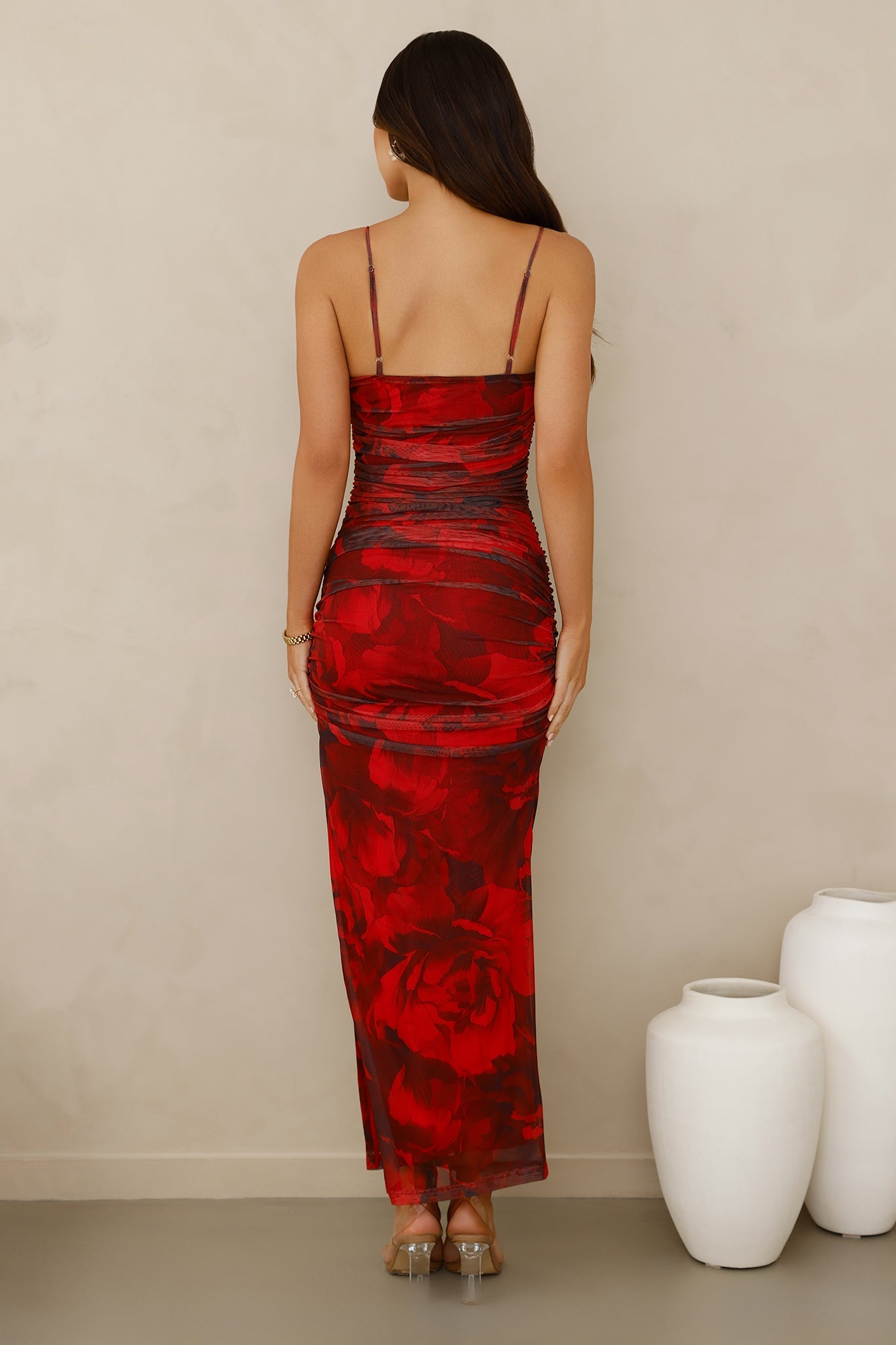 Peach Fling Mesh Maxi Dress Red