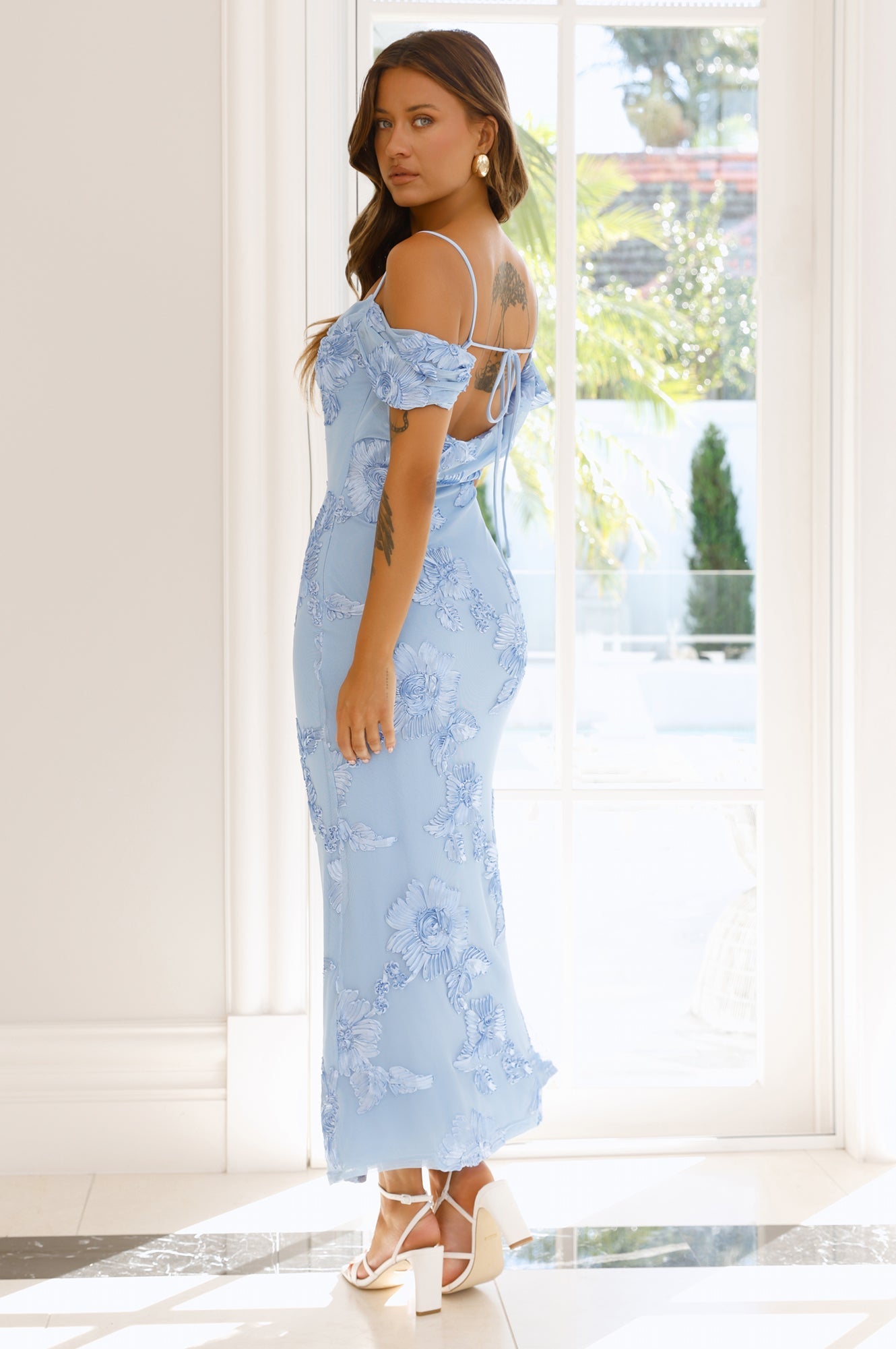 You’re Magic Off Shoulder Mesh Maxi Dress Blue
