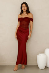 Silent Dreams Mesh Satin Off Shoulder Maxi Dress Burgundy