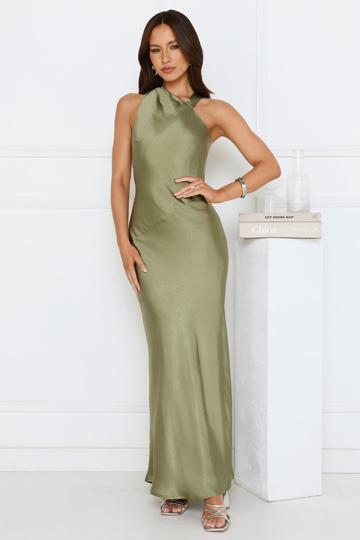 Glow Up Gal Satin Maxi Dress Green
