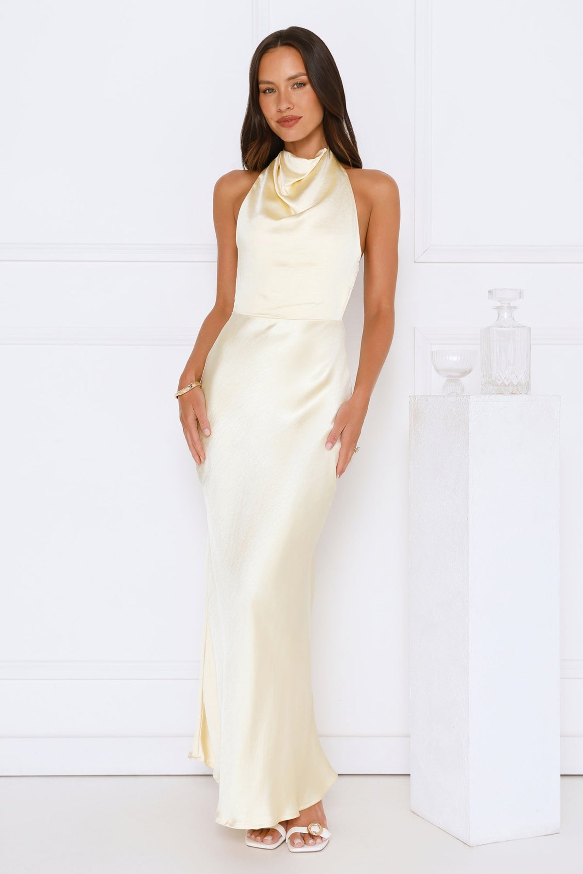 Draped In Diamonds Satin Halter Maxi Dress Yellow