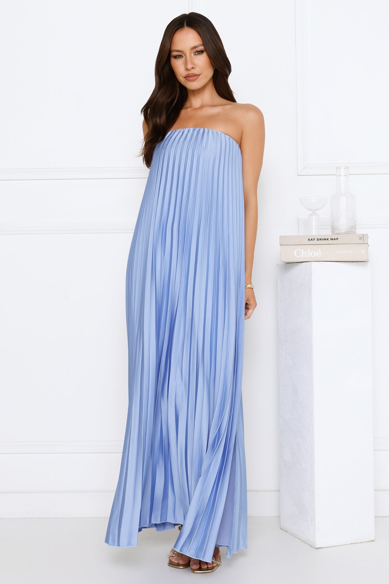 Moonlit Night Pleated Strapless Maxi Dress Blue