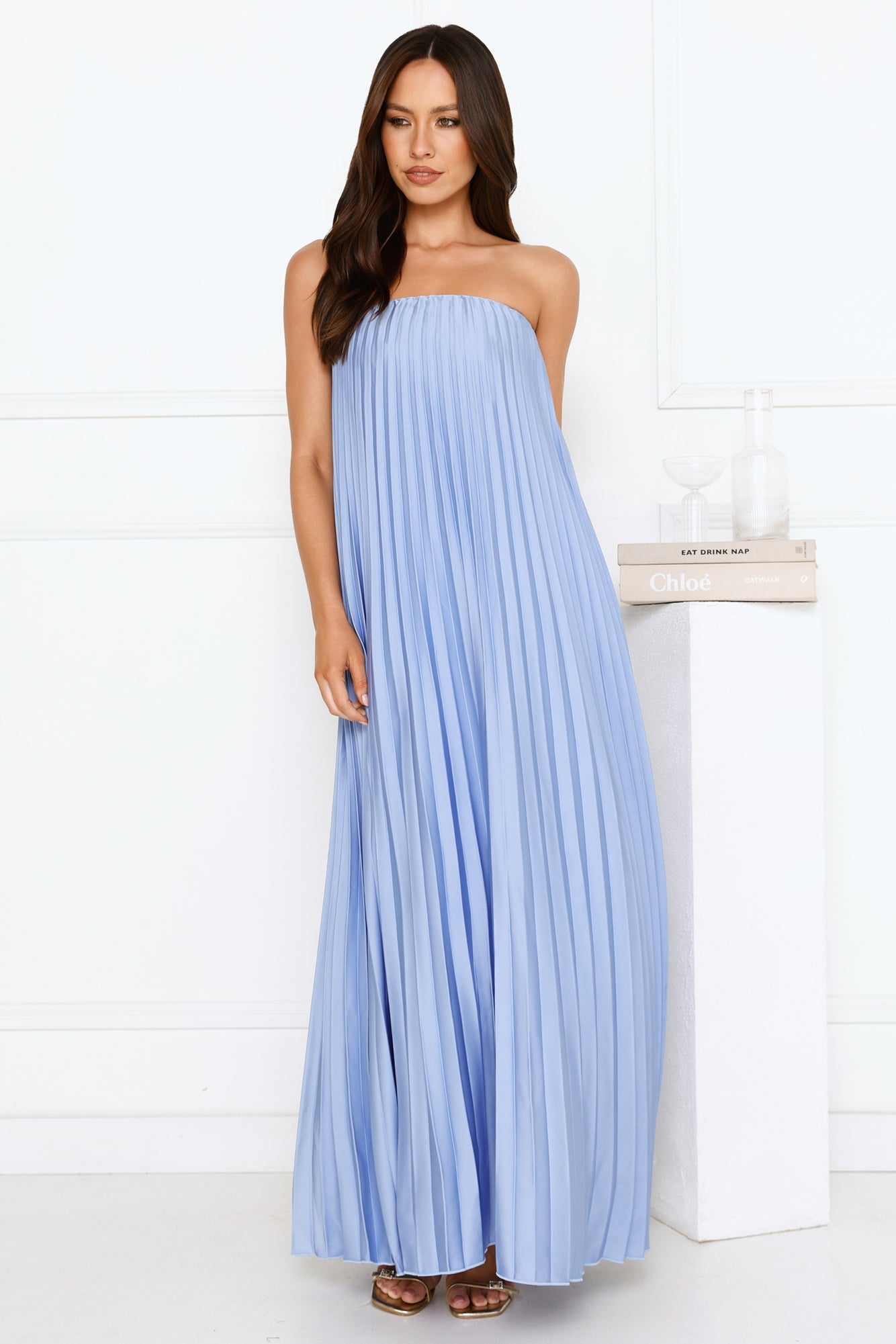 Moonlit Night Pleated Strapless Maxi Dress Blue