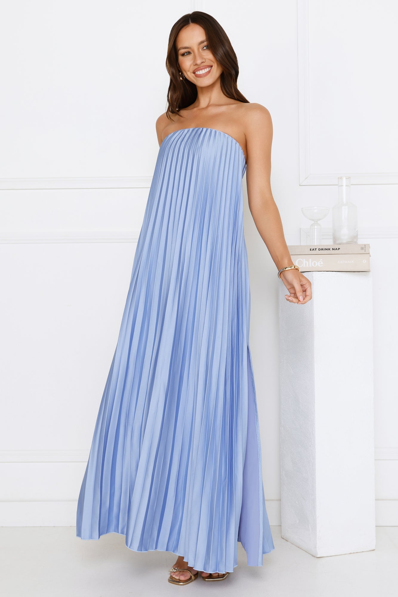 Moonlit Night Pleated Strapless Maxi Dress Blue