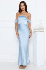 Hot Girl Diaries Off Shoulder Satin Maxi Dress Blue