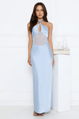 Formal Statement Halter Satin Maxi Dress Blue