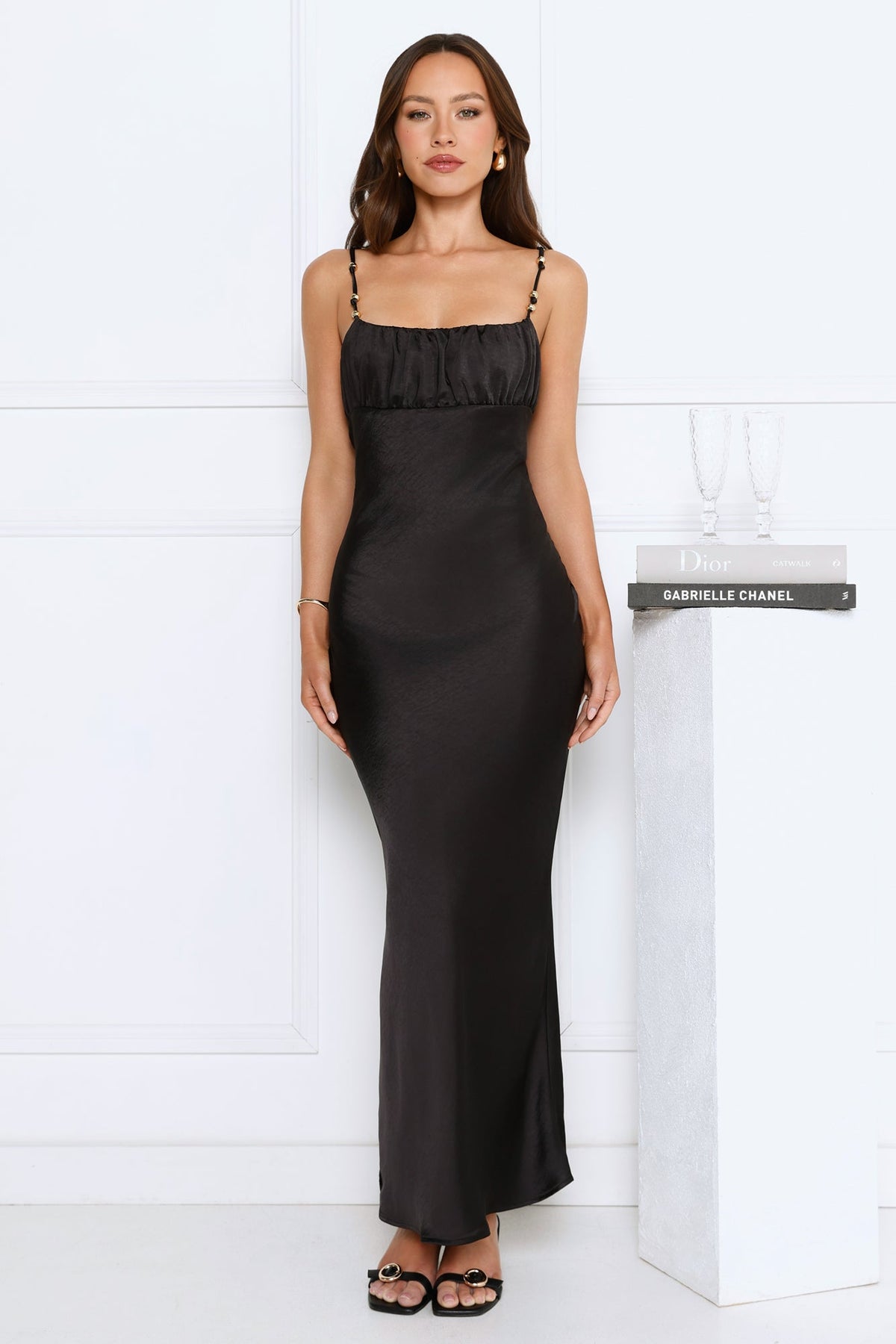 Crystal Glow Satin Maxi Dress Black