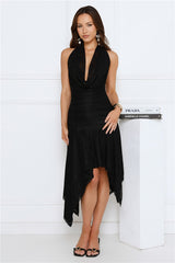 Platinum Glow Lace Halter Midi Dress Black