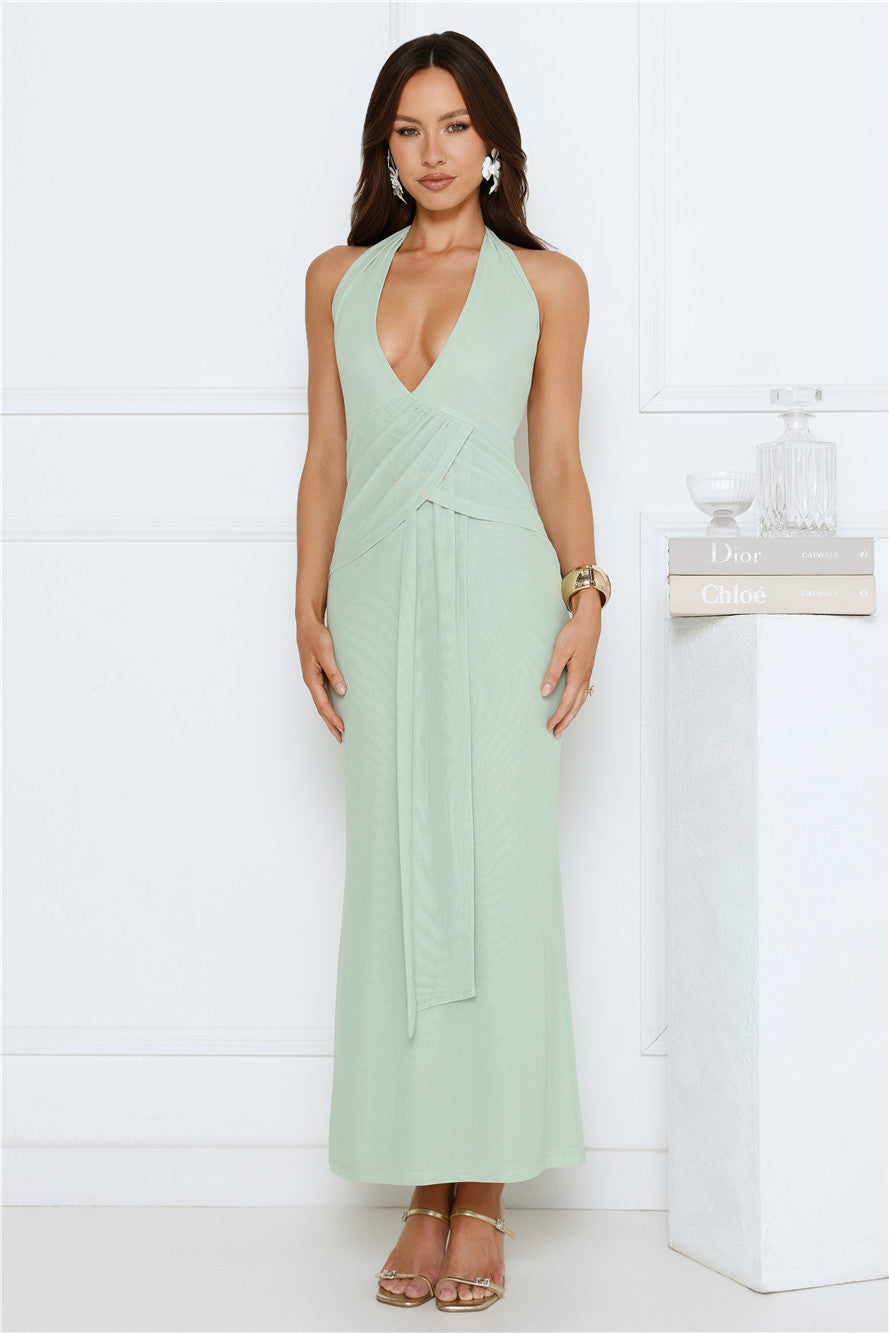 Daily Investment Halter Maxi Dress Sage