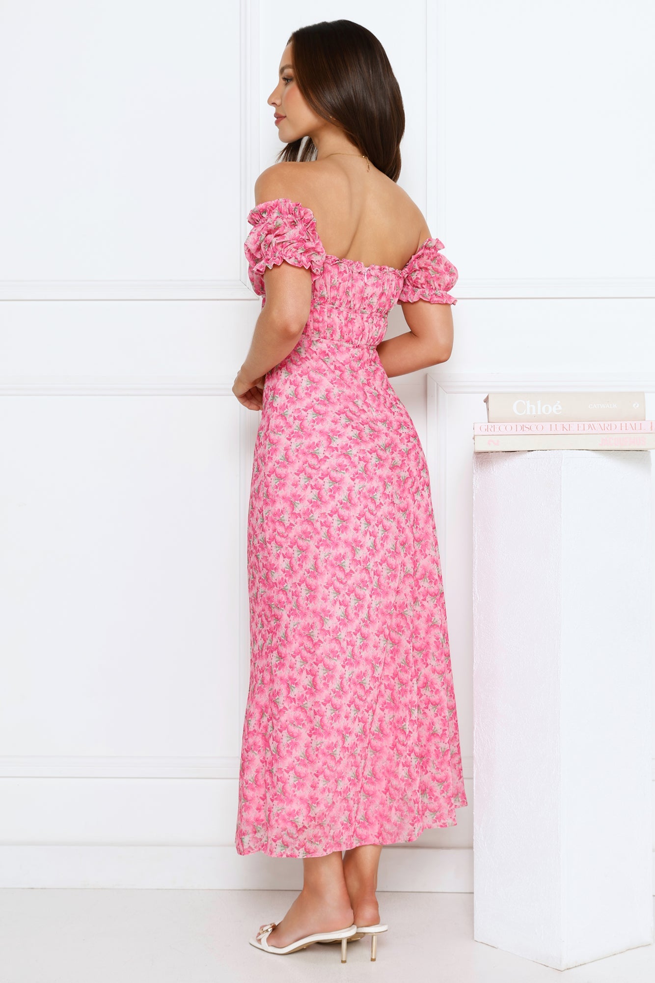 Chic Bloom Society Off Shoulder Maxi Dress Pink